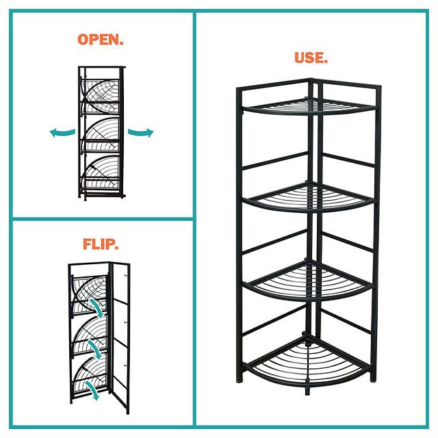 Four Layers shelf-Folding Metal Shelf-Small Space Solution Home,Kitchen,Bathroom and Office Shelving-Corner Shelf