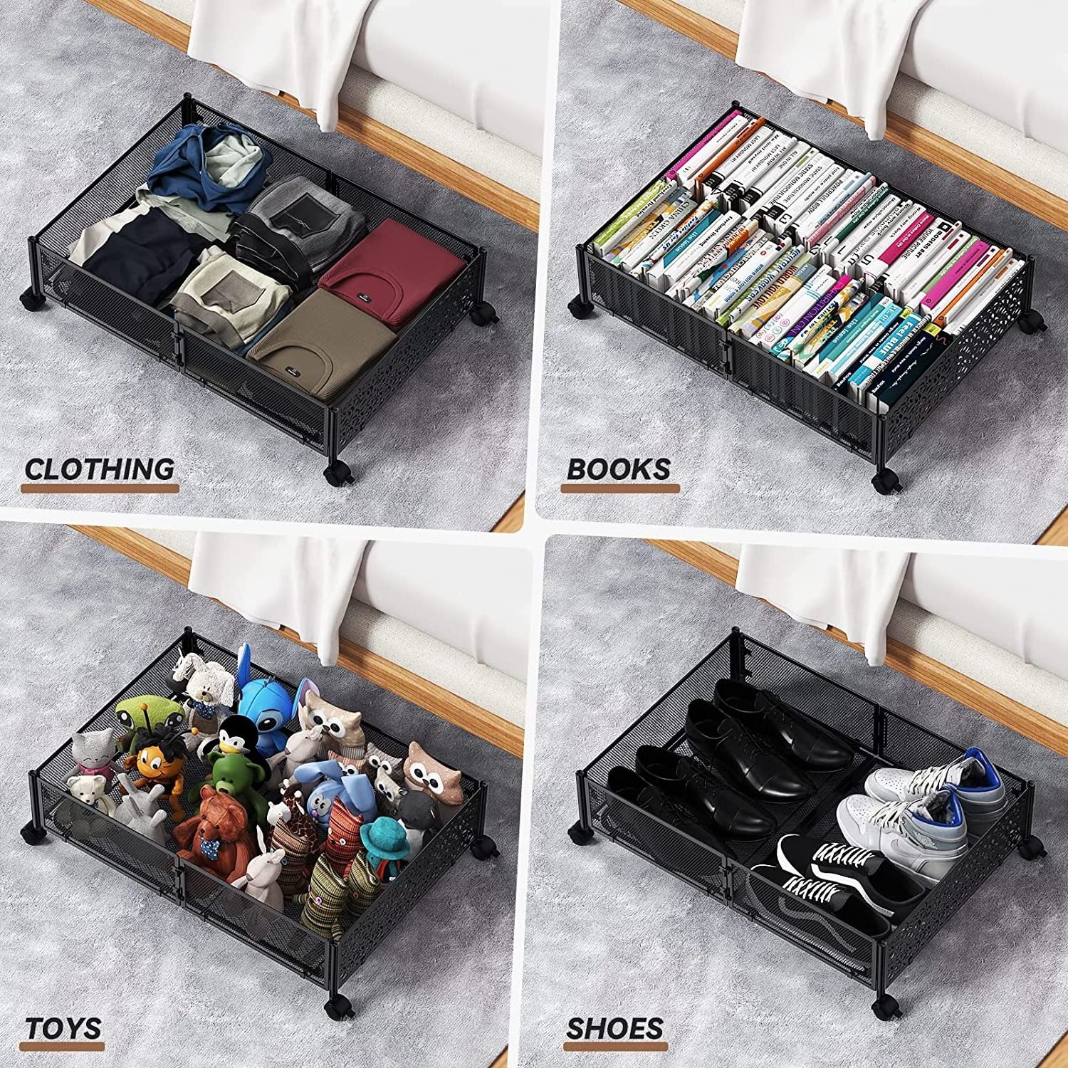 Free-Installation foldable Metal Under Bed Storage Containers Shoes Clothes Blankets Organizer Under Bed Storage With Wheels