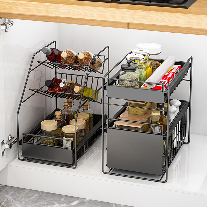 Under Kitchen Cabinet Sink 2 Tier Stackable Basket Rack Organizer and Storage with Sliding Drawer for Kitchen & Bathroom