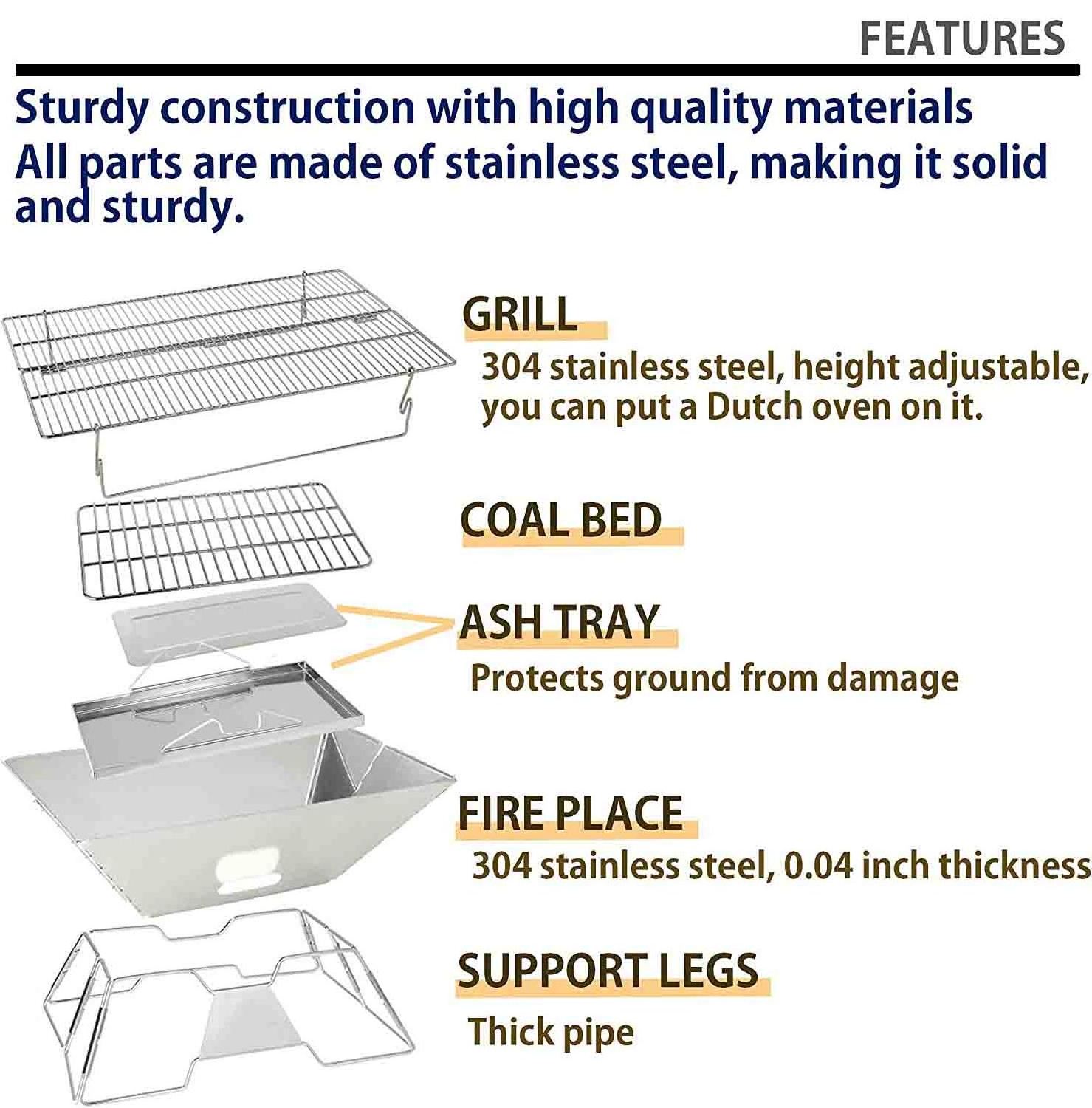 Outdoor Stainless Steel Portable Camping Fire Pit 20x13-inch with Carrying Bag Foldable Wood Burning Charcoal Grill