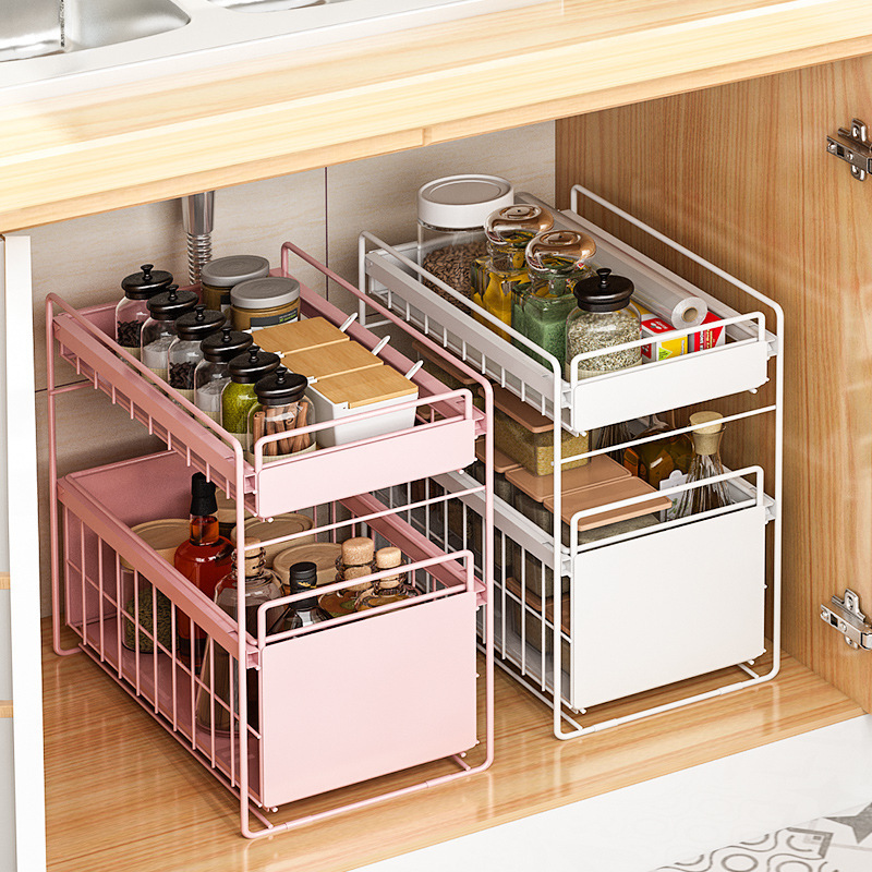 Under Kitchen Cabinet Sink 2 Tier Stackable Basket Rack Organizer and Storage with Sliding Drawer for Kitchen & Bathroom