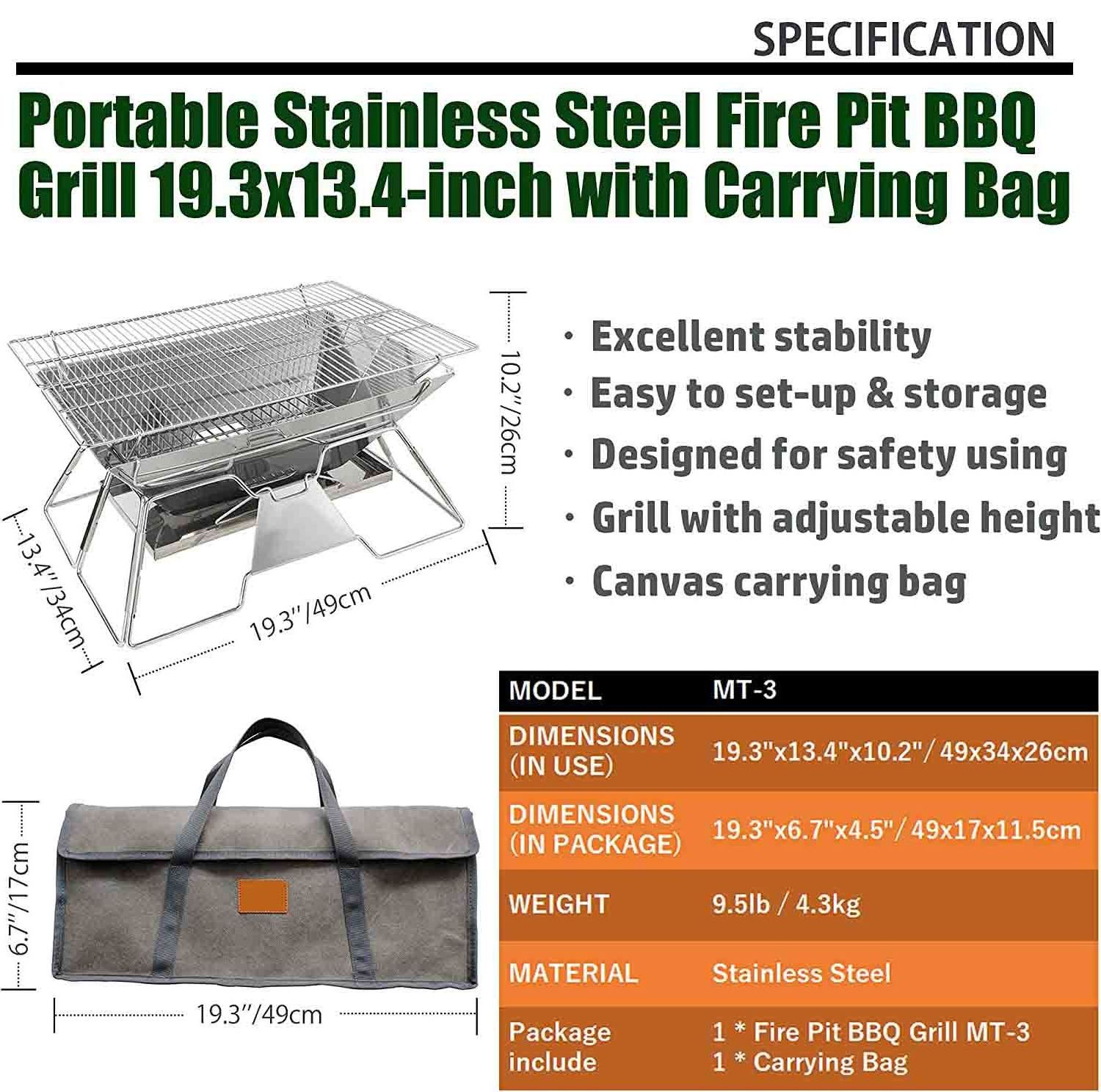 Outdoor Stainless Steel Portable Camping Fire Pit 20x13-inch with Carrying Bag Foldable Wood Burning Charcoal Grill