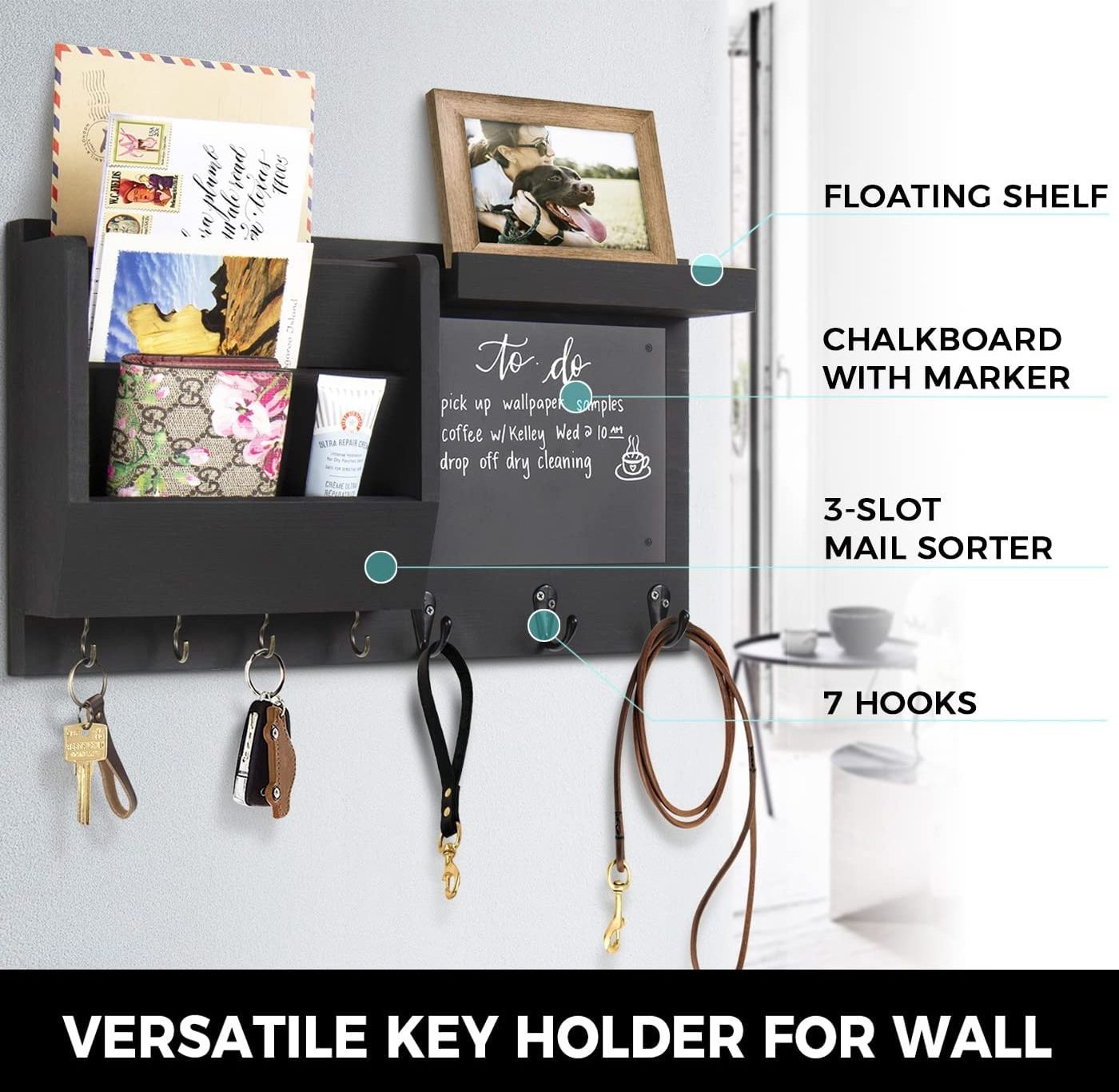 Factory Outlet Wood Wall Mounted Mail Holder Floating Shelf Entryrom Mudroom Key Hooks With 7 Hooks And Blackboard