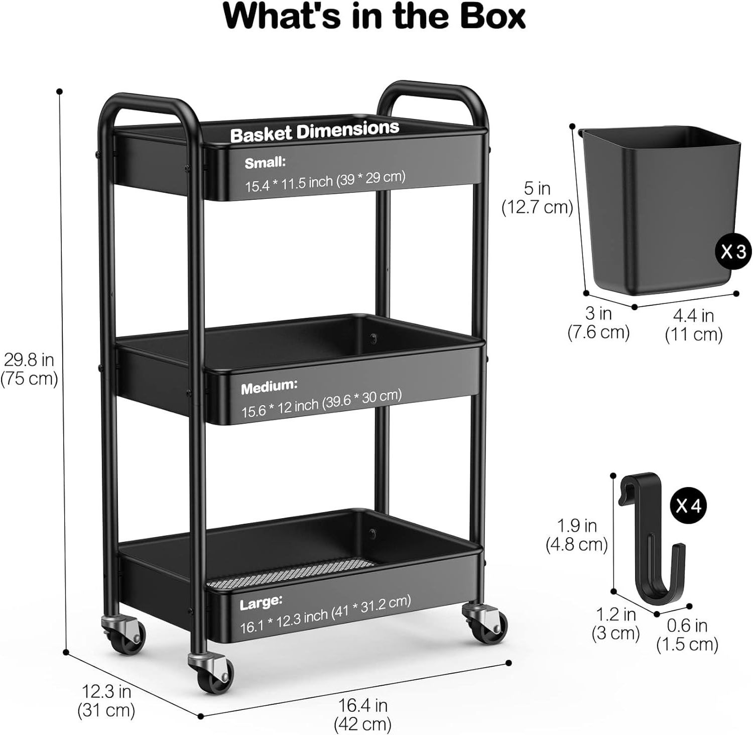 Folding utility rolling cart storage organizer 3 tiers multifunction trolley cart