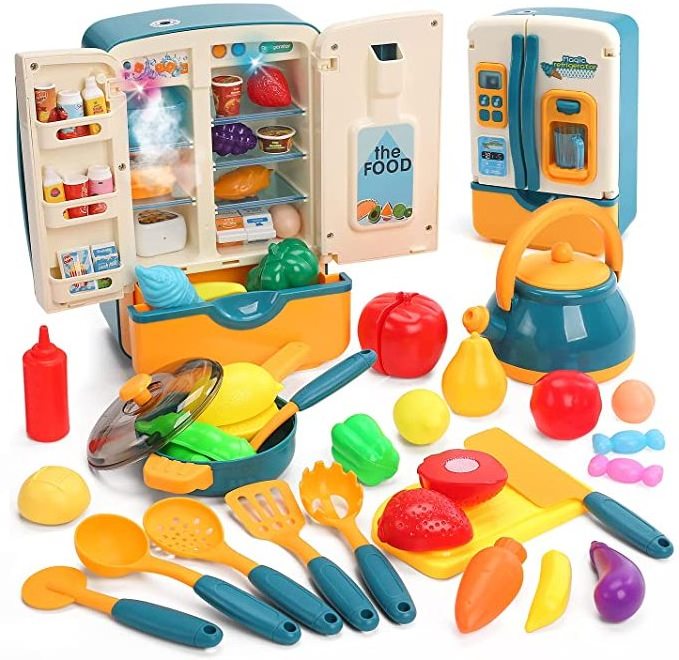 Kitchen Toys Fridge Refrigerator with Ice Dispenser Pretend Play Appliance for Kids, Play Kitchen Set