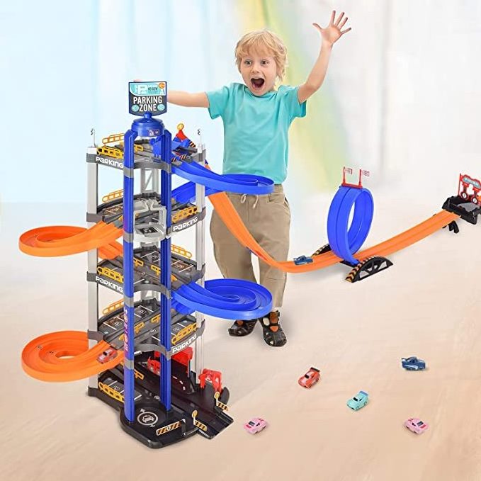 5-Level Garage Toy Set  Race Car Track Sets Toy Vehicle Play sets with Double-Track Ramp & Elevator Car Parking lot toys