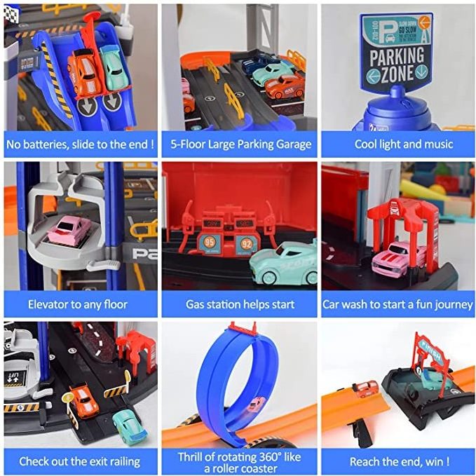 5-Level Garage Toy Set  Race Car Track Sets Toy Vehicle Play sets with Double-Track Ramp & Elevator Car Parking lot toys