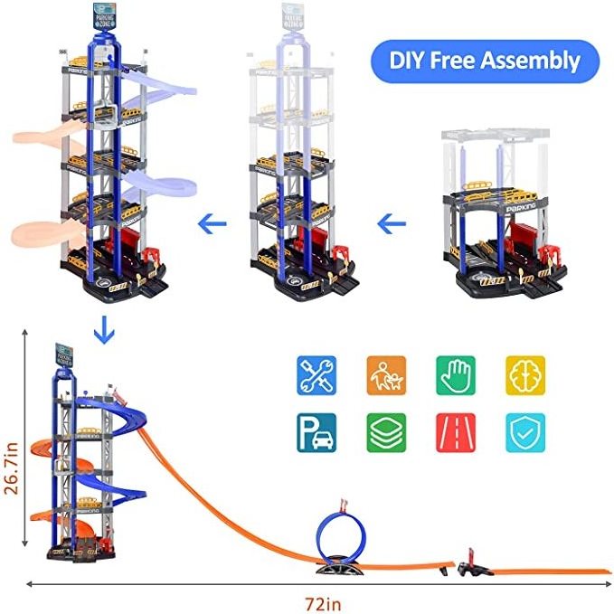 5-Level Garage Toy Set  Race Car Track Sets Toy Vehicle Play sets with Double-Track Ramp & Elevator Car Parking lot toys