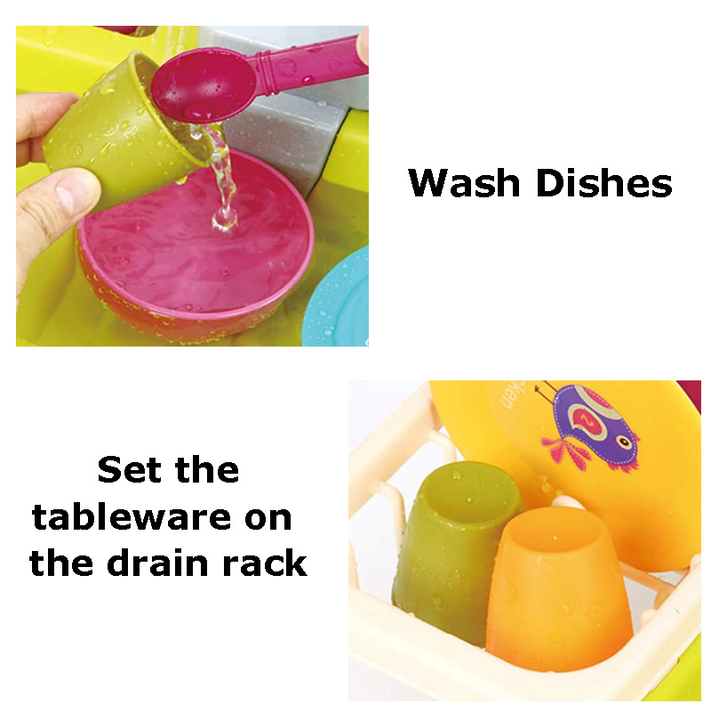 Toddlers Dishwashing Table Kids Running Water Play Kitchen Sink Toy with Dishes Faucet Accessories