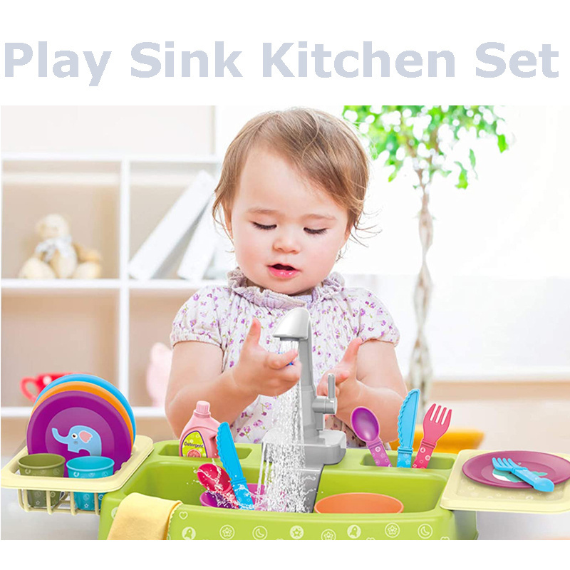 Toddlers Dishwashing Table Kids Running Water Play Kitchen Sink Toy with Dishes Faucet Accessories