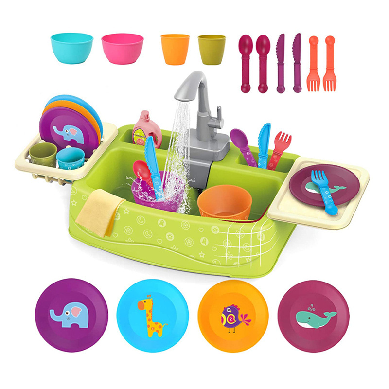 Toddlers Dishwashing Table Kids Running Water Play Kitchen Sink Toy with Dishes Faucet Accessories