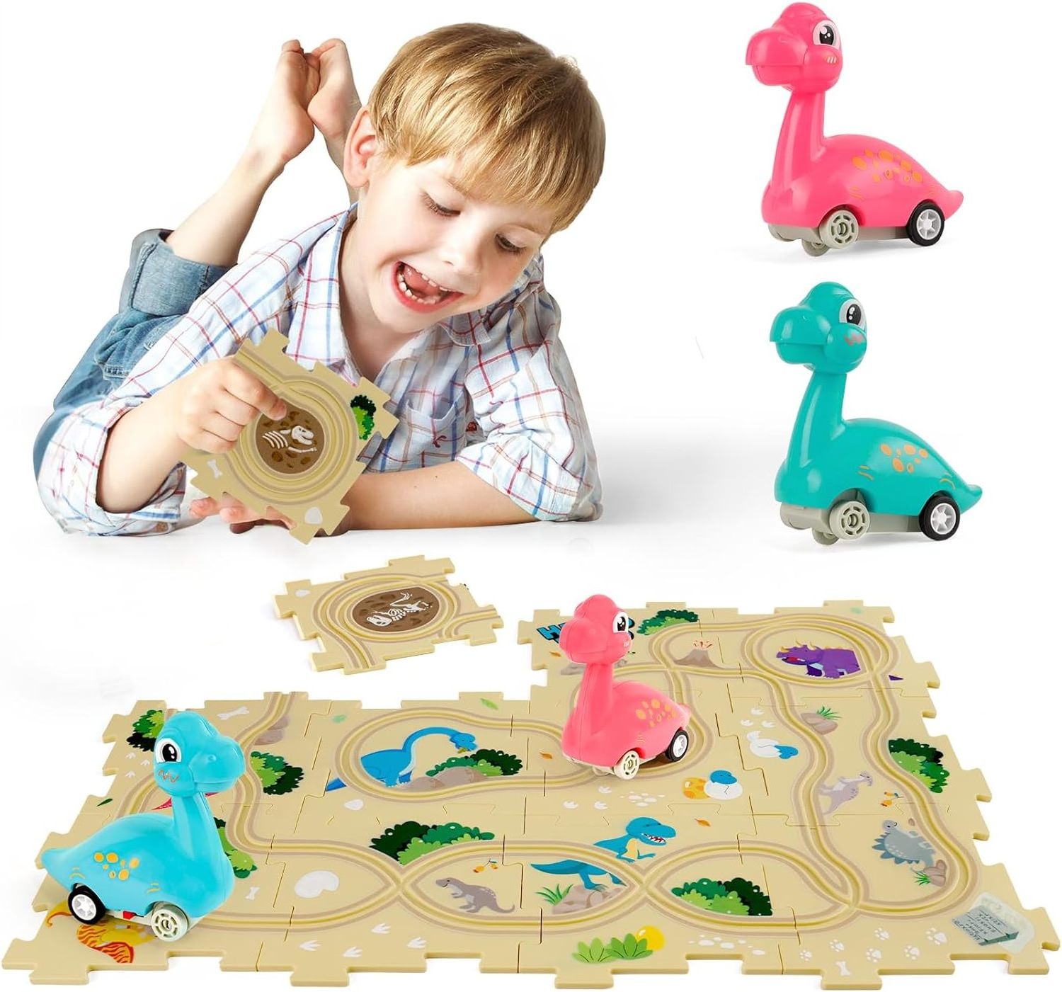 Puzzle Racer Kids Car Track Set with 2 Dino Cars  Car Tracks for Toddlers