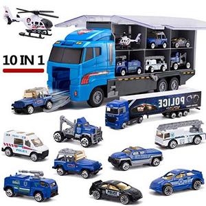 10 in 1 Police Transport Truck Mini Die-Cast Plastic Play Vehicle In Carrier Car Toy Set Mini Cars For Kid Children Boy