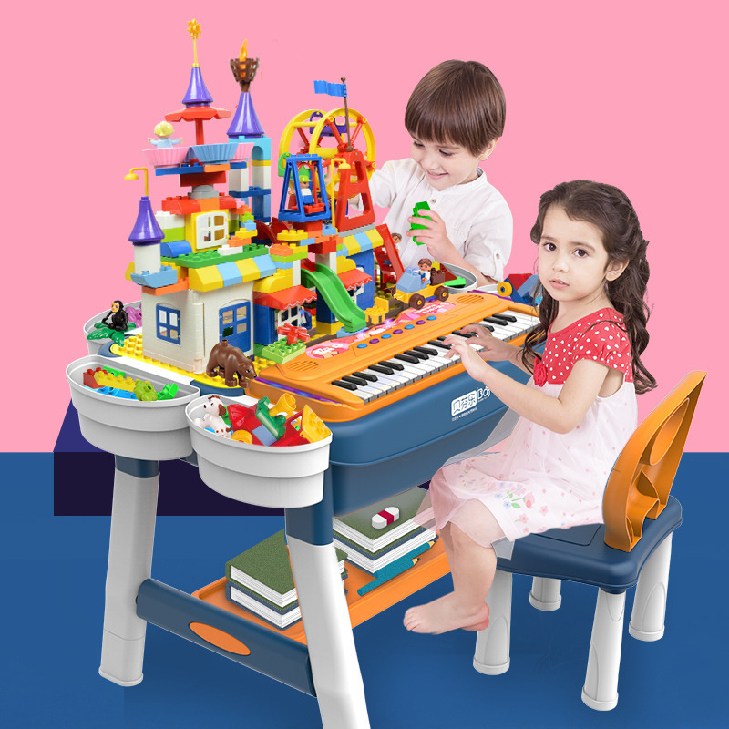 Kids Multi Activity Table Set Toddlers Double-Sided Piano Keyboard & Building Blocks Game Play Table with Stool Storage