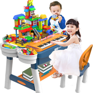 Kids Multi Activity Table Set Toddlers Double-Sided Piano Keyboard & Building Blocks Game Play Table with Stool Storage