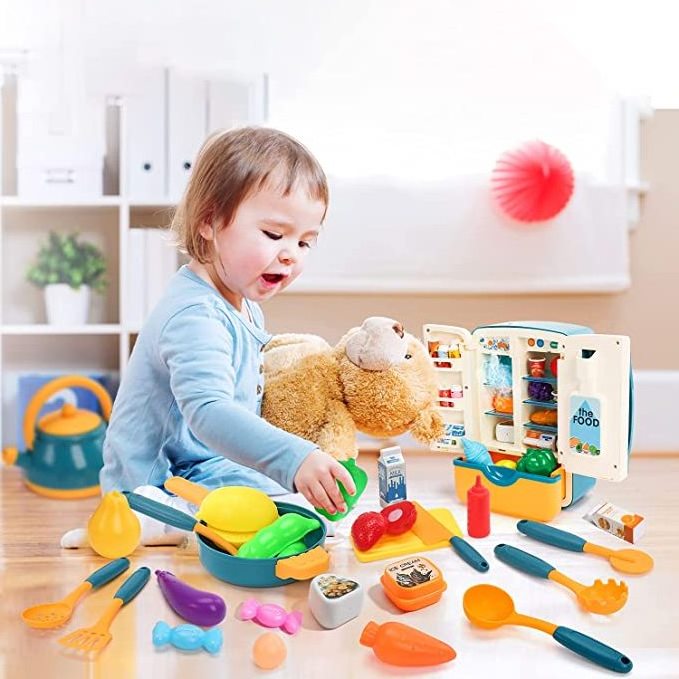 Kitchen Toys Fridge Refrigerator with Ice Dispenser Pretend Play Appliance for Kids, Play Kitchen Set