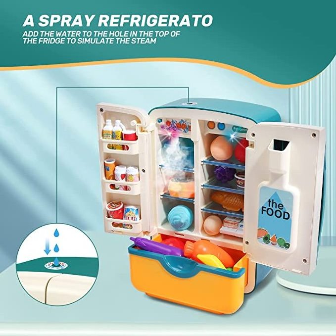 Kitchen Toys Fridge Refrigerator with Ice Dispenser Pretend Play Appliance for Kids, Play Kitchen Set