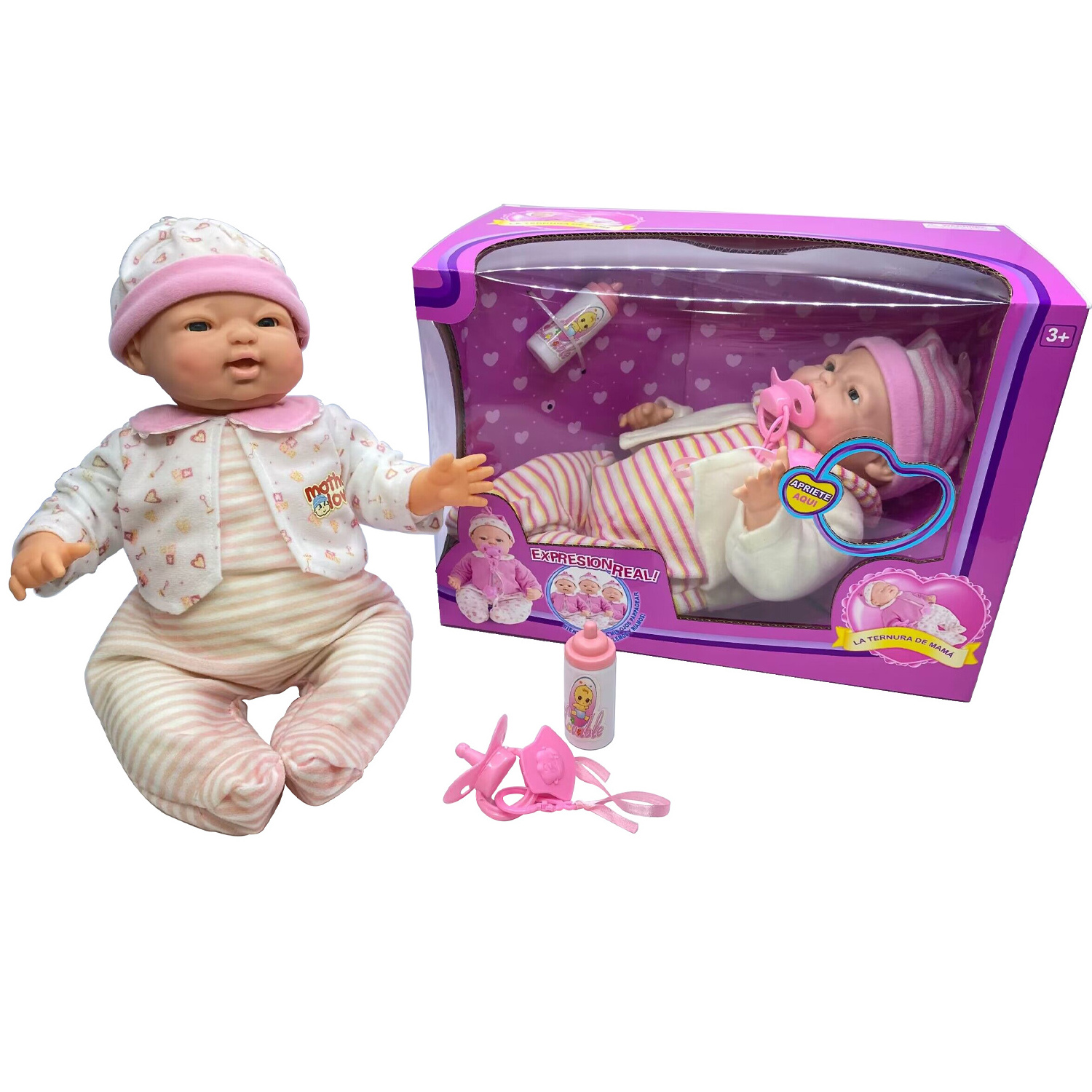 16 Inch Interactive Real Looking Expressions Baby Doll Set with Bottle Pacifier Baby Sound Spanish