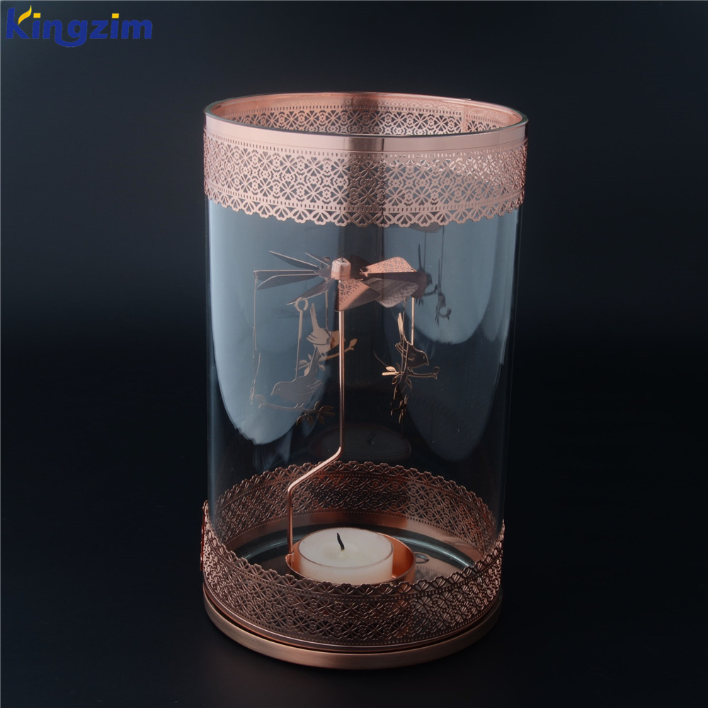 Customized metal lace decor tall large vase cylinder glass rotary candle holder for wedding table centerpieces