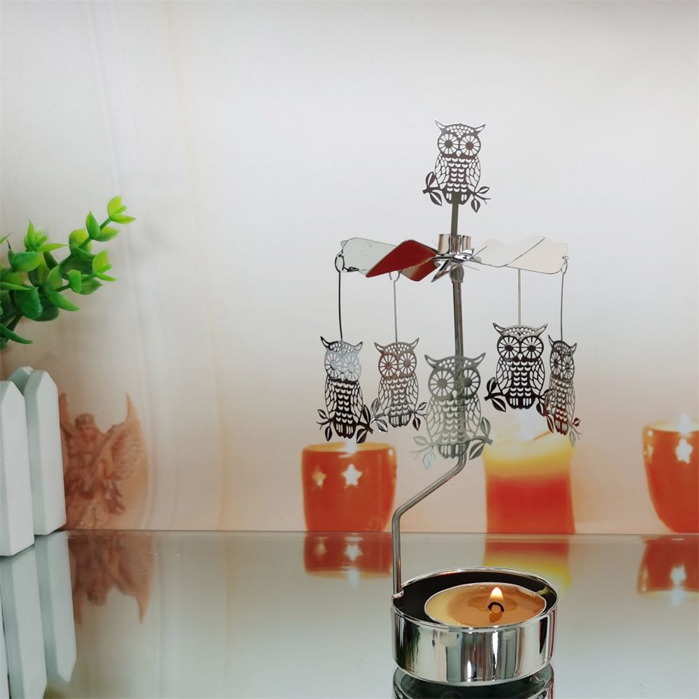 Fashionable metal spinning candlestick holder with hanging owls rotary candle holder spinner candle holder