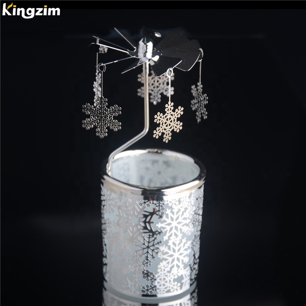 China Factory wholesale Snowflake Rotary spinning candle holder Metal Tealight Votive candle holder For Christmas tree gifts