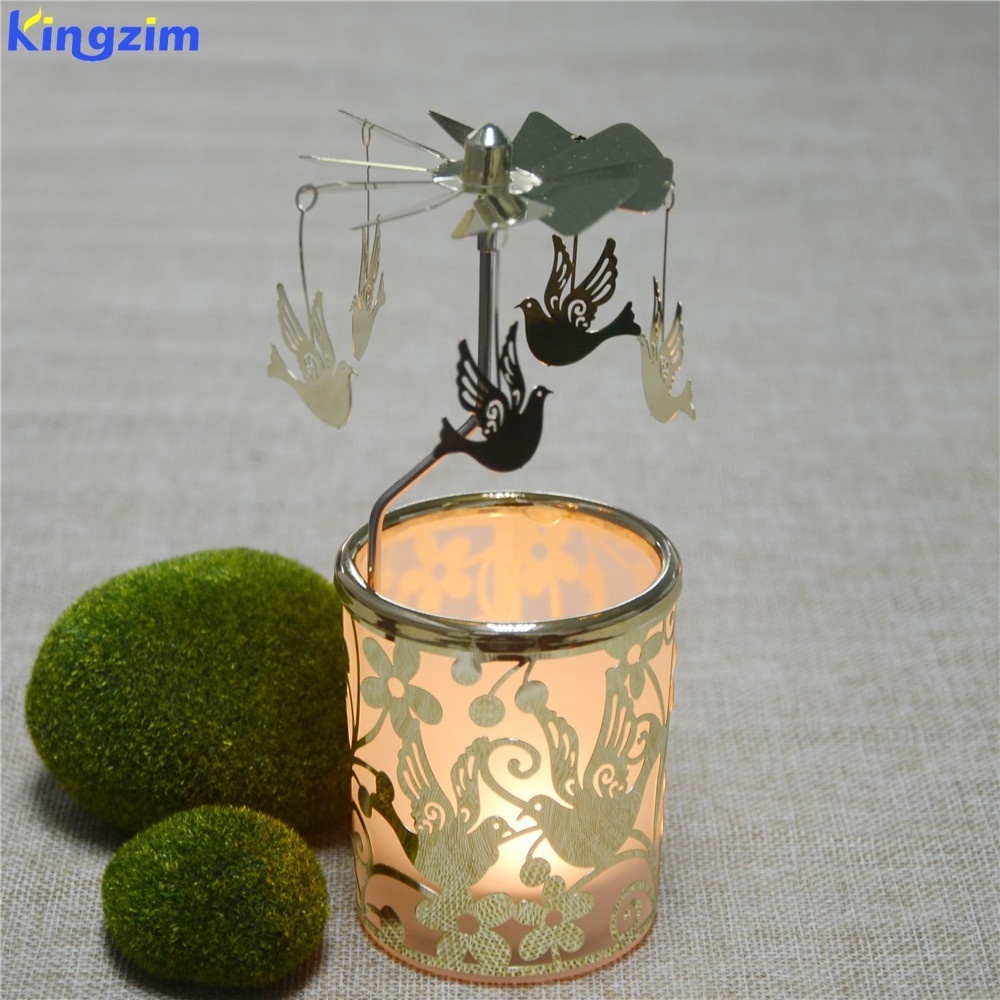 Christmas Decoration Pigeon spinning glass tea light carousel gold rotating candle holder