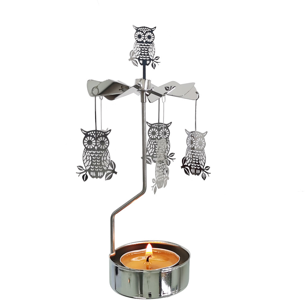 Fashionable metal spinning candlestick holder with hanging owls rotary candle holder spinner candle holder