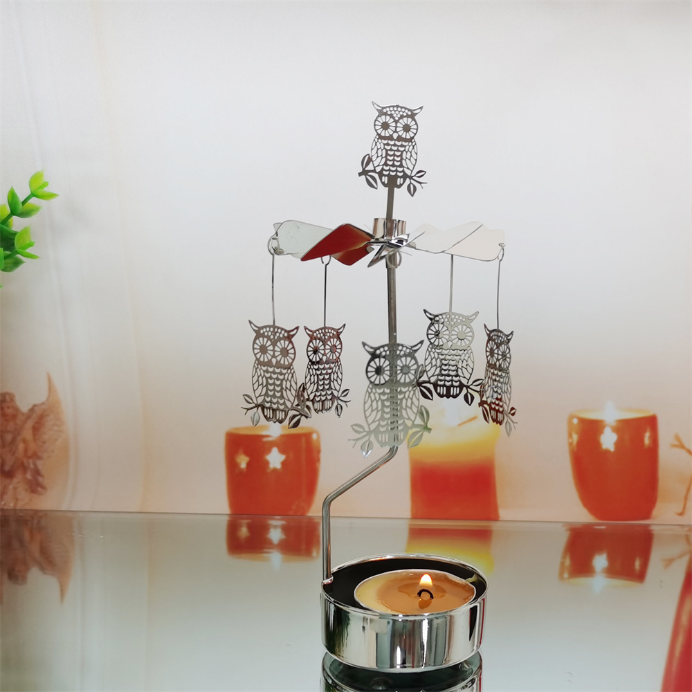 Fashionable metal spinning candlestick holder with hanging owls rotary candle holder spinner candle holder