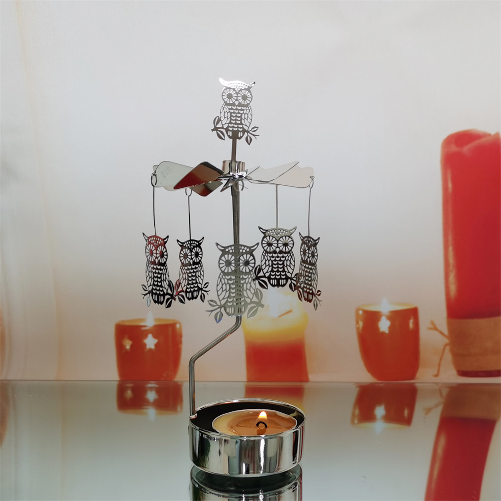 Fashionable metal spinning candlestick holder with hanging owls rotary candle holder spinner candle holder