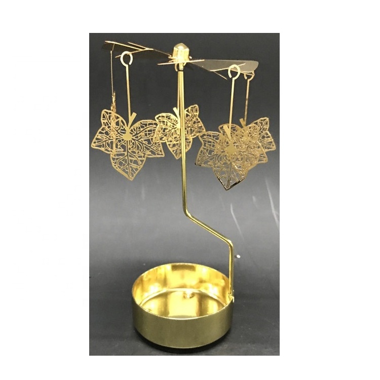 CuCustom christmas small gift gold leaf rotary candleholder High quality metal votive tea light candle holder spinning