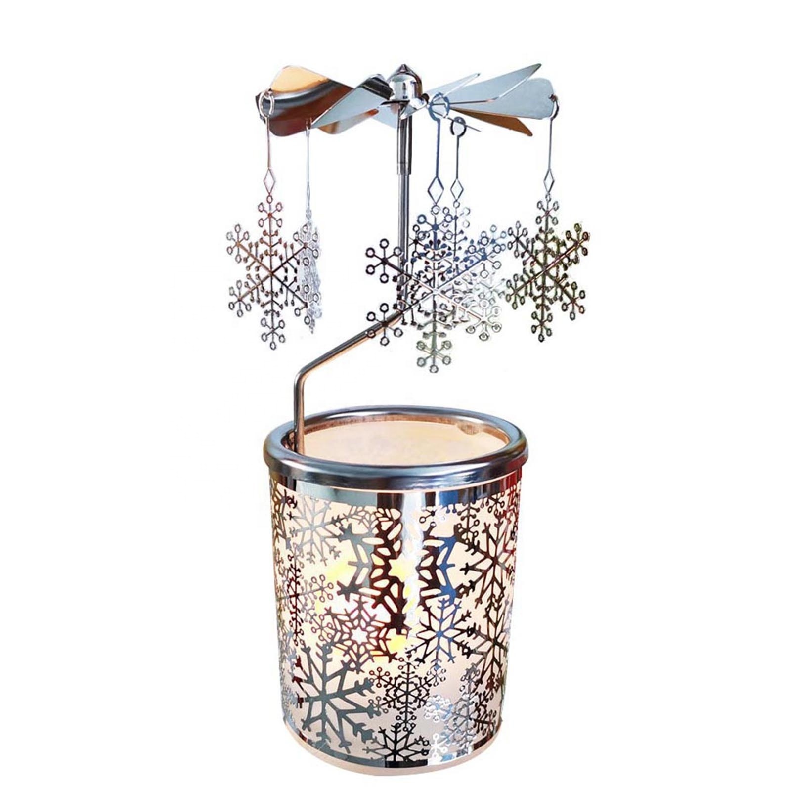 China Factory wholesale Snowflake Rotary spinning candle holder Metal Tealight Votive candle holder For Christmas tree gifts