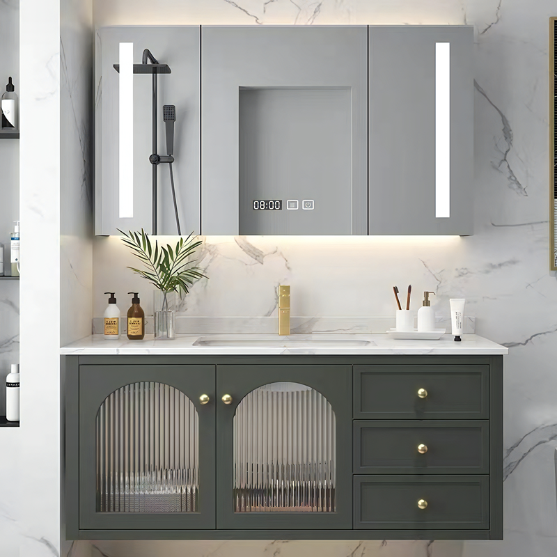 Modern Luxury Customized Wall Mounted Bathroom vanity with LED mirror Solid Wood Bathroom Cabinets