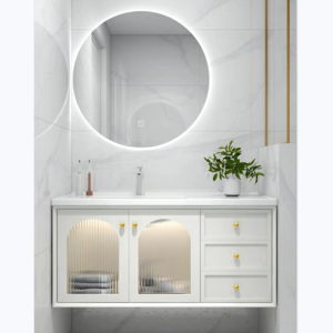 Modern Luxury Customized Wall Mounted Bathroom vanity with LED mirror Solid Wood Bathroom Cabinets