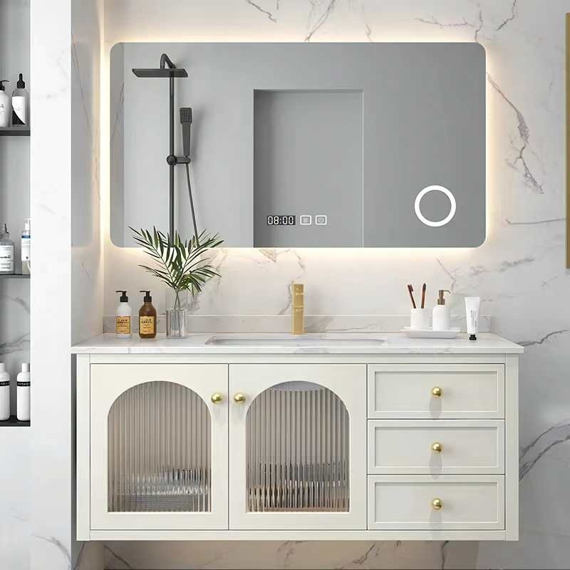 Modern Luxury Customized Wall Mounted Bathroom vanity with LED mirror Solid Wood Bathroom Cabinets