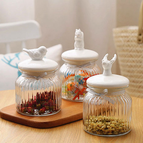 Small Seal Cylinder sealed pot with bird lid storage jar Ceramic Lid Glass Jar