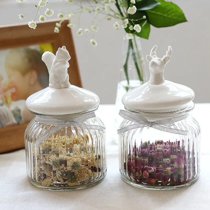 Animal Shape Round Glass candy sugar jar with Ceramic Lid For Wedding Decoration Party