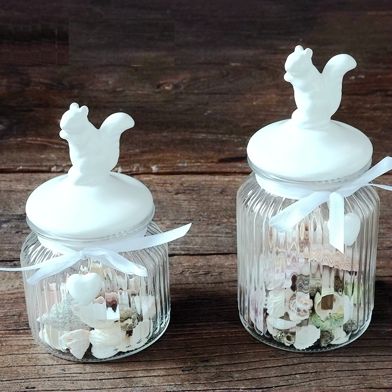 Small Seal Cylinder sealed pot with bird lid storage jar Ceramic Lid Glass Jar