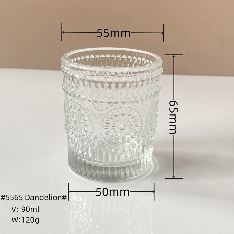 90ml 3oz Creative Retro Embossed Dandelion Small Sunflower Pattern Cylinder Glass Candle Holder Jar for tealight