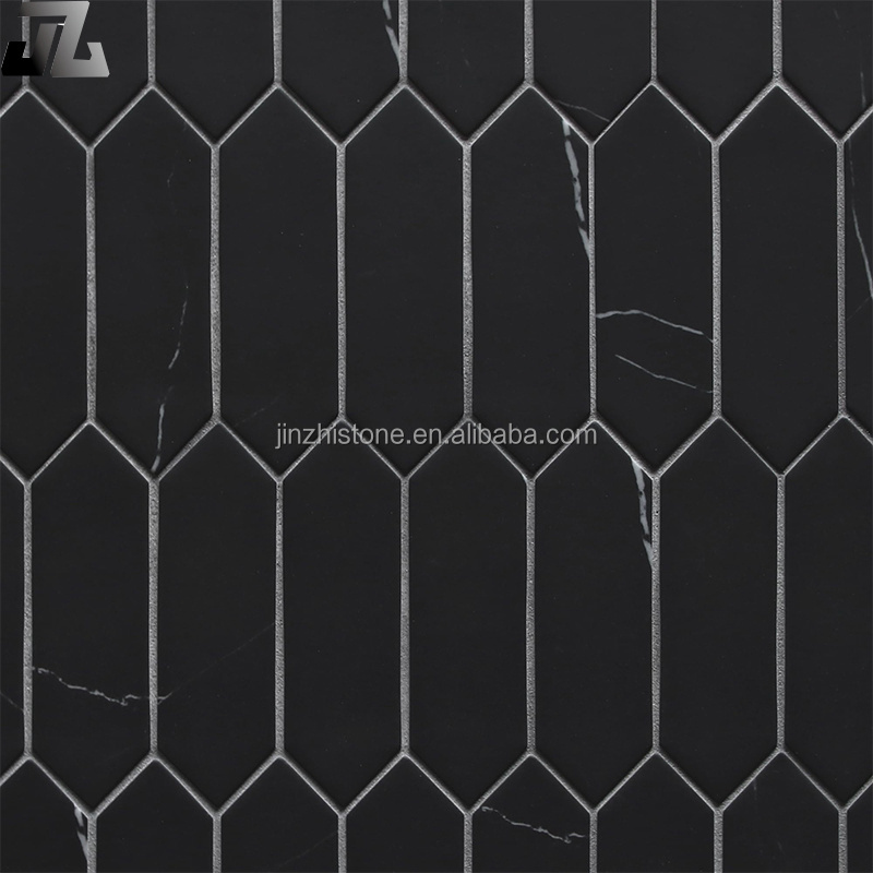 Long Hexagon Marble Black Marquina Stone Mosaic Tile for Kitchen Bathroom Backsplash