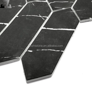 Long Hexagon Marble Black Marquina Stone Mosaic Tile for Kitchen Bathroom Backsplash