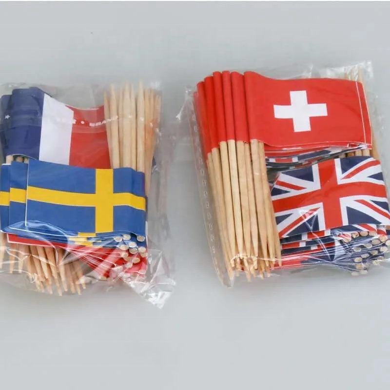 Eco-friendly Bamboo Toothpicks With Custom Logo 100pc Mini Wooden National Flag Toothpicks