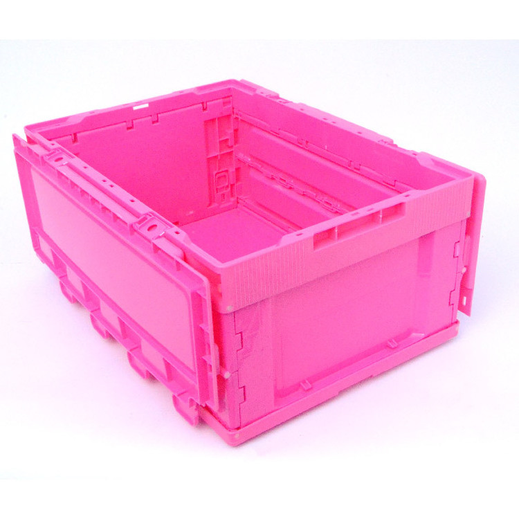 Pink Box Plastic Folding Crate with Lid Stackable Storage Solid Collapsible Moving Transportation Shipping Turnover