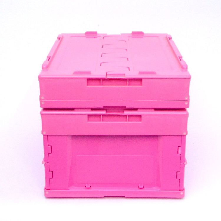 Pink Box Plastic Folding Crate with Lid Stackable Storage Solid Collapsible Moving Transportation Shipping Turnover