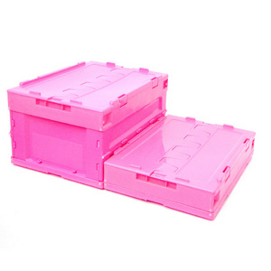 Pink Box Plastic Folding Crate with Lid Stackable Storage Solid Collapsible Moving Transportation Shipping Turnover