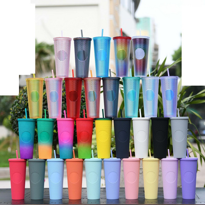 Hot Selling 24oz Plastic Cup Custom In Bulk Double Wall Reusable Plastic straw Tumblers Cups 710ml Studded Tumblers