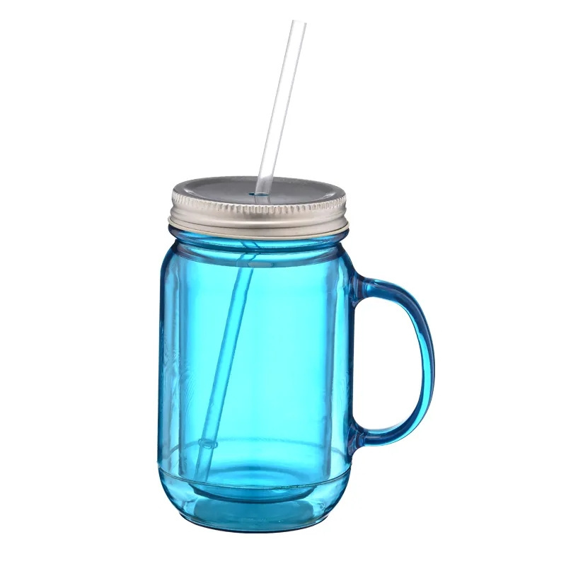 20oz Plastic Mason Jar Mug With Handle And Straw Cups With Lids Double Wall Clear Tumbler With Straw