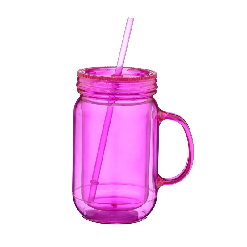 20oz Plastic Mason Jar Mug With Handle And Straw Cups With Lids Double Wall Clear Tumbler With Straw