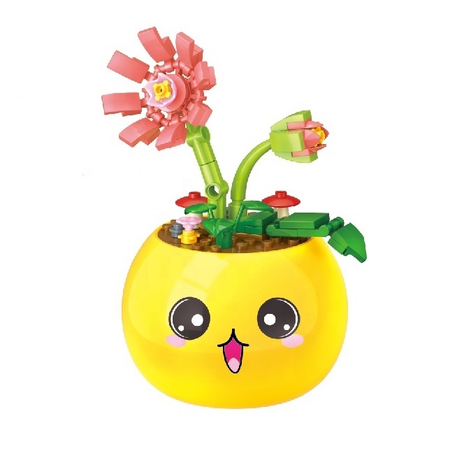 Promotion Smiling Face Potted Plant Romantic Flower Building Blocks Potted Model Ornaments Mini Bonsai DIY Assemble Bricks