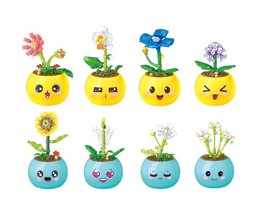 Promotion Smiling Face Potted Plant Romantic Flower Building Blocks Potted Model Ornaments Mini Bonsai DIY Assemble Bricks