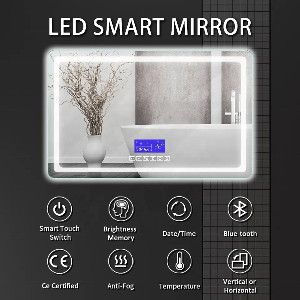 Hotel Blue_tooth display screen Smart touch Led Lighted Vanity Bathroom Mirror Wall Mounted Magic LED Lighting Mirror Bathroom